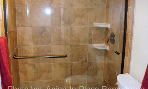 Bathroom Remodel with low threshold shower, grab bars custom tile