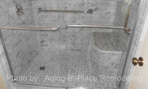 Bathroom Remodel with low threshold shower & Built in shower bench, custom tile