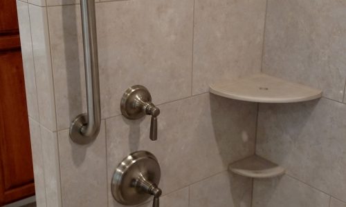 Wheelchair accessible shower with grab bars and hand held shower head.