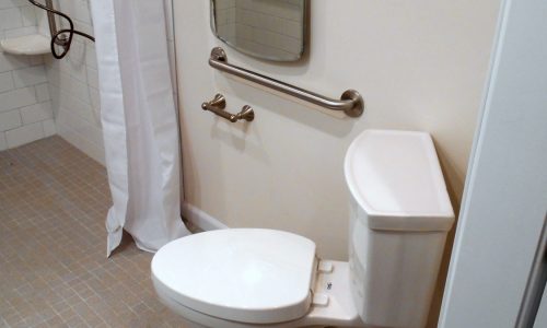 Wheelchair Accessible bathroom remodel with barrier free roll in shower, fold up shower seat, grab bars, hand held shower head, wheelchair accessible roll under sink