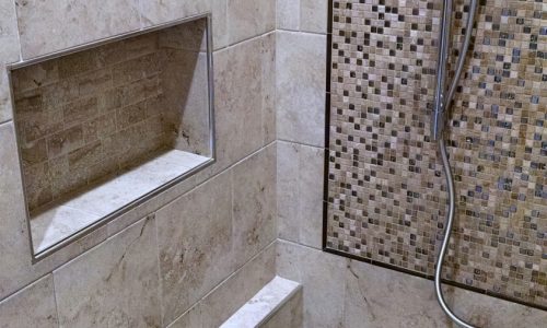 Wheelchair accessible bathroom remodel with roll-in shower, custom tile shower, grab bars