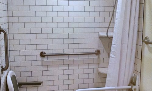 Barrier Free Shower Remodel with Fold Up Shower Seats & Fold Up Safety Rail