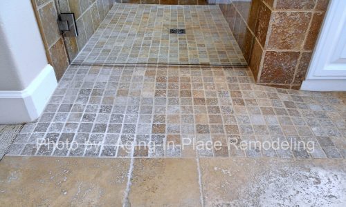 Tile Barrier Free Shower Remodel, no threshold, roll in shower, Aging-In-Place Remodeling, accessible renovations