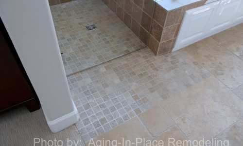 Tile Barrier Free Shower Remodel, no threshold, roll in shower, Aging-In-Place Remodeling, accessible renovations