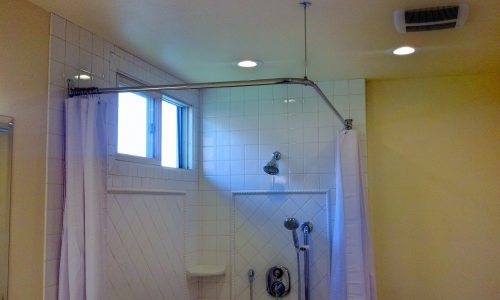 Wheelchair Accessible bathroom remodel with tile roll-in shower, custom roll under sink, fold up shower seat, accessible renovations, aging in place remodeling