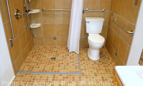 Barrier Free Bathroom Remodel with Wheelchair shower and sink, grab bars