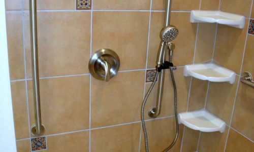 Barrier Free Bathroom Remodel with Wheelchair shower and sink, grab bars