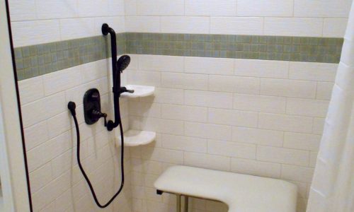 Barrier Free Wheelchair Shower with Fold Up Shower Bench