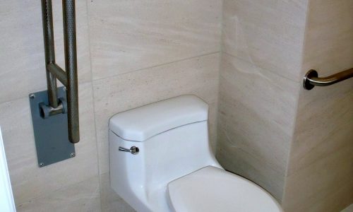 Wet Room for Complete Wheelchair Accessibility with grab bars, roll under sink