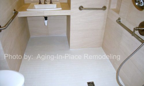 Wet Room for Complete Wheelchair Accessibility with grab bars, roll under sink
