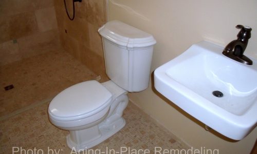Barrier Free Bathroom Remodel with Roll Under Sink, Roll in shower, grab bars