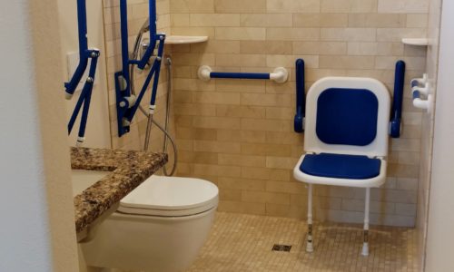 Accessible bathroom remodel, wall mount toilet, fold up shower seat, grab bars, wheelchair accessible sink and ceiling lift for safe transfer of client