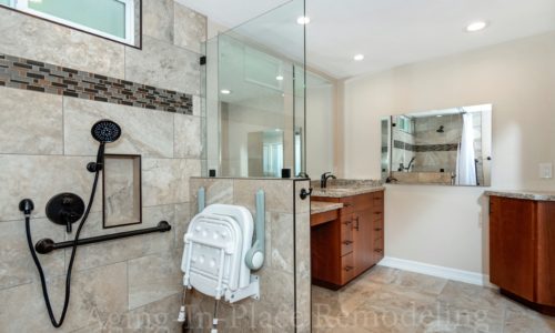 Barrier Free Shower, Wheelchair Accessible, Roll-In Shower, Roll Under Vanity, Fold Down Shower Seat, Raised Toilet, Automated Closet Bars that lower at the touch of a button,