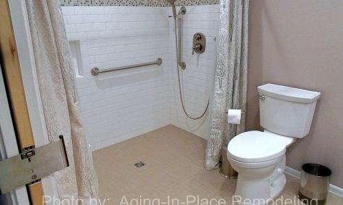 Wheelchair accessible bathroom remodel with barrier free roll in shower, grab bars, hand held shower head, roll under wheelchair accessible sink