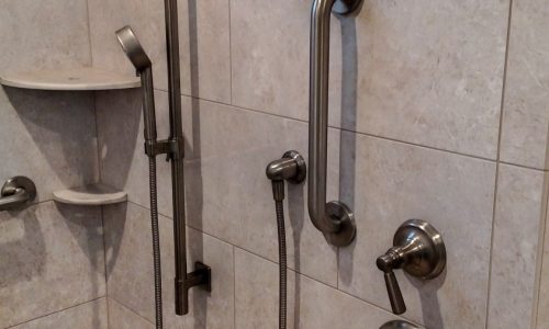 Roll-In Tile Shower with Grab Bars & Hand Held Showerhead