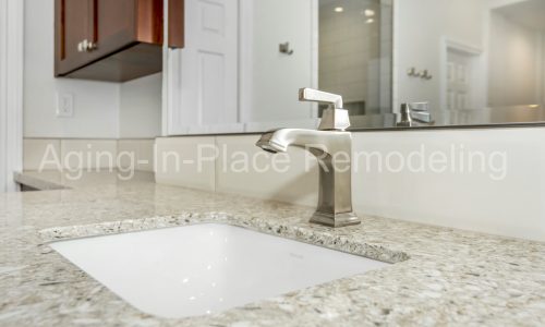 Bathroom remodel with low threshold shower, elegant flooring and gorgeous fixtures