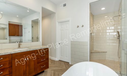 Bathroom remodel with low threshold shower, elegant flooring and gorgeous fixtures
