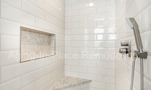 Bathroom remodel with low threshold shower, elegant flooring and gorgeous fixtures