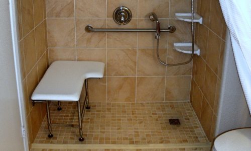 Barrier Free Shower with Fold Up Shower Bench, wheelchair accessible sink and shower, fold up safety rail