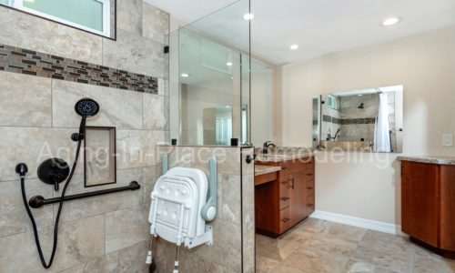 Wheelchair accessible bathroom with roll in shower