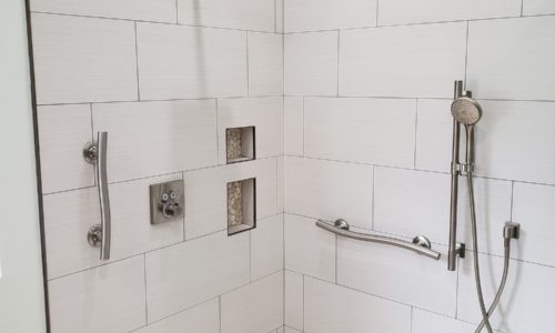 Master Bathroom Remodel with Barrier Free Shower, Chrome USA Grab Bars, Rain Shower head and Hand Held Shower head