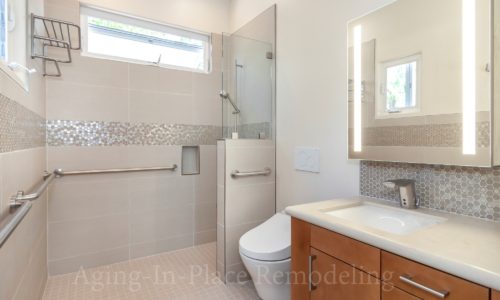 Master bathroom that includes wheelchair accessible shower, grab bars, bidet toilet