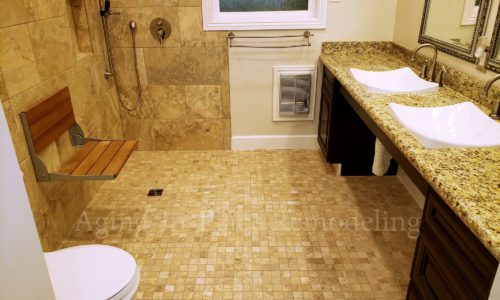 Wheelchair accessible bathroom remodel, with barrier free shower, roll under sink, hand held shower head, fold-down shower seat