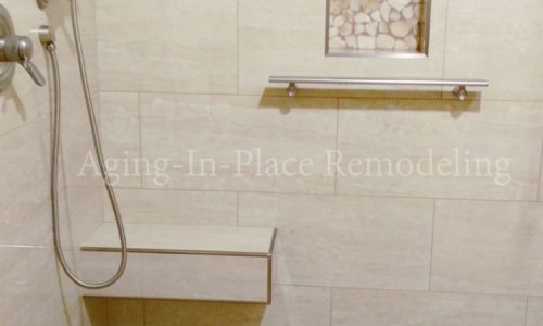 custom shower remodel, built in shower bench, hand held shower head