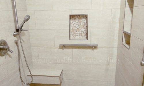 custom shower remodel, built in shower bench, hand held shower head