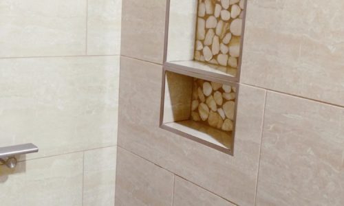 Custom tile shower with built in shelves